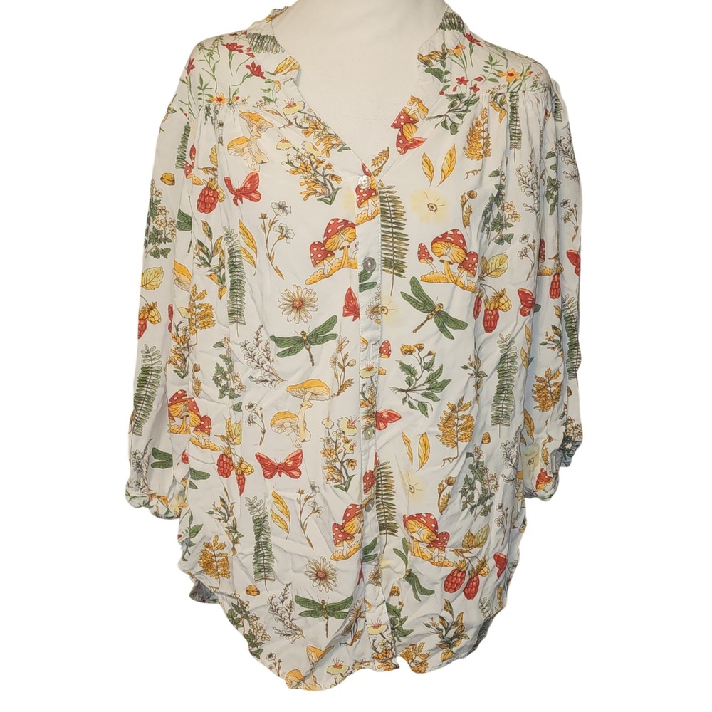 Mushroom Botanical Print Blouse Cream Rayon Boho XL 3/4 Sleeve Top Hope Springs
